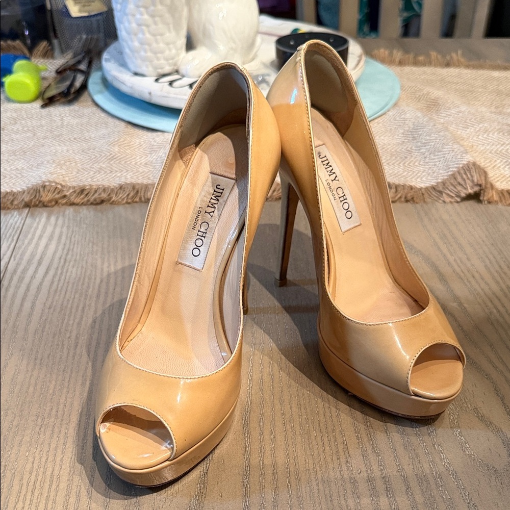 Jimmy Choo Beige Patent Peep-Toe Platform Pumps